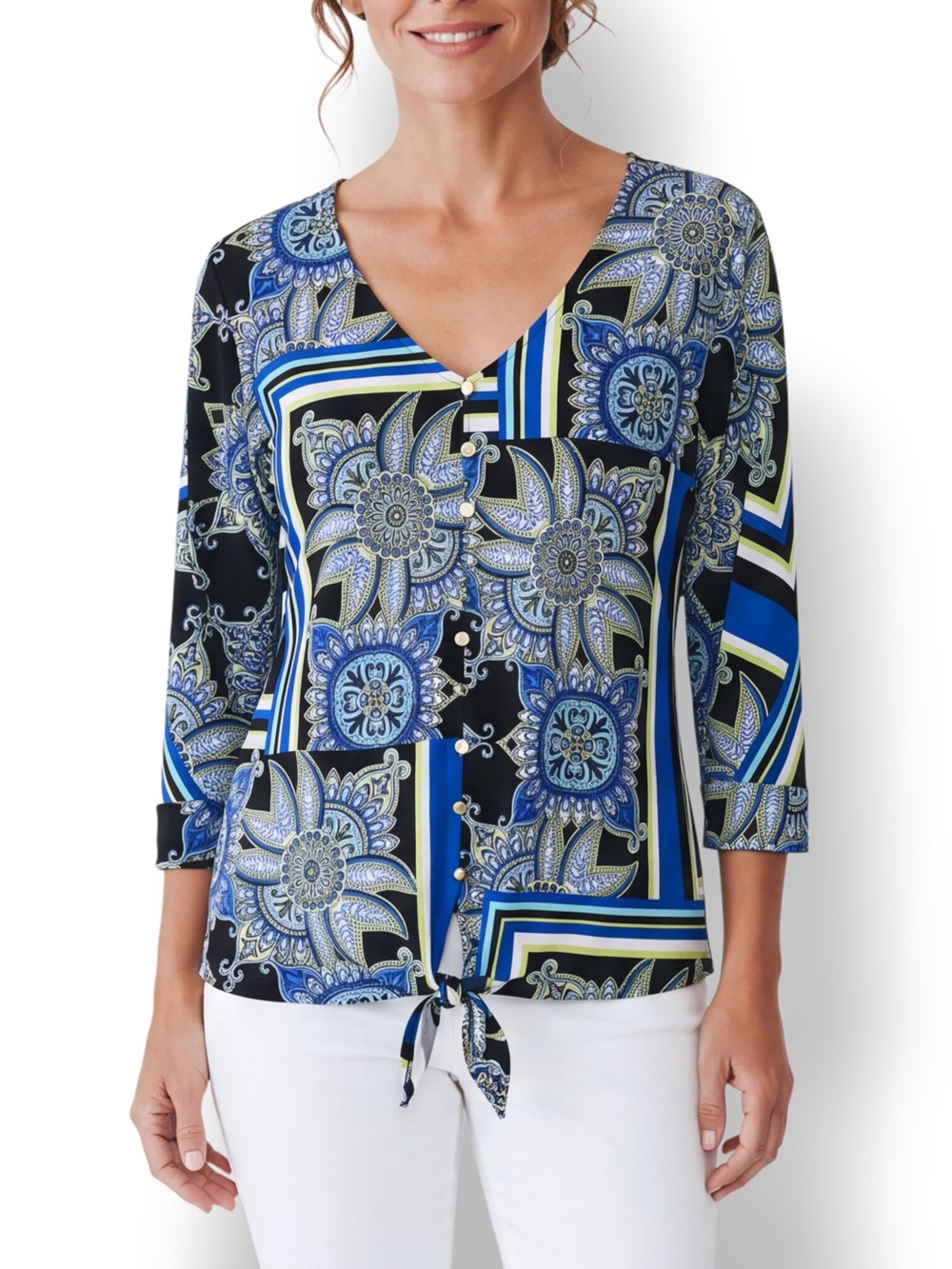 4/$20 Draper’s & Damon’s Large Blue Paisley Print Tie Front Top